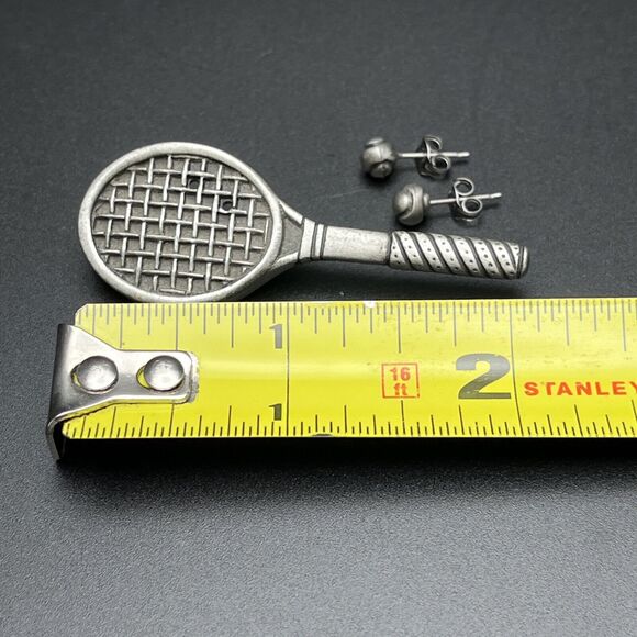 Signed JJ Pewter Tone Tennis Racquet Pin w/ DETACHABLE Tennis Ball Earrings Gift - Picture 6 of 6